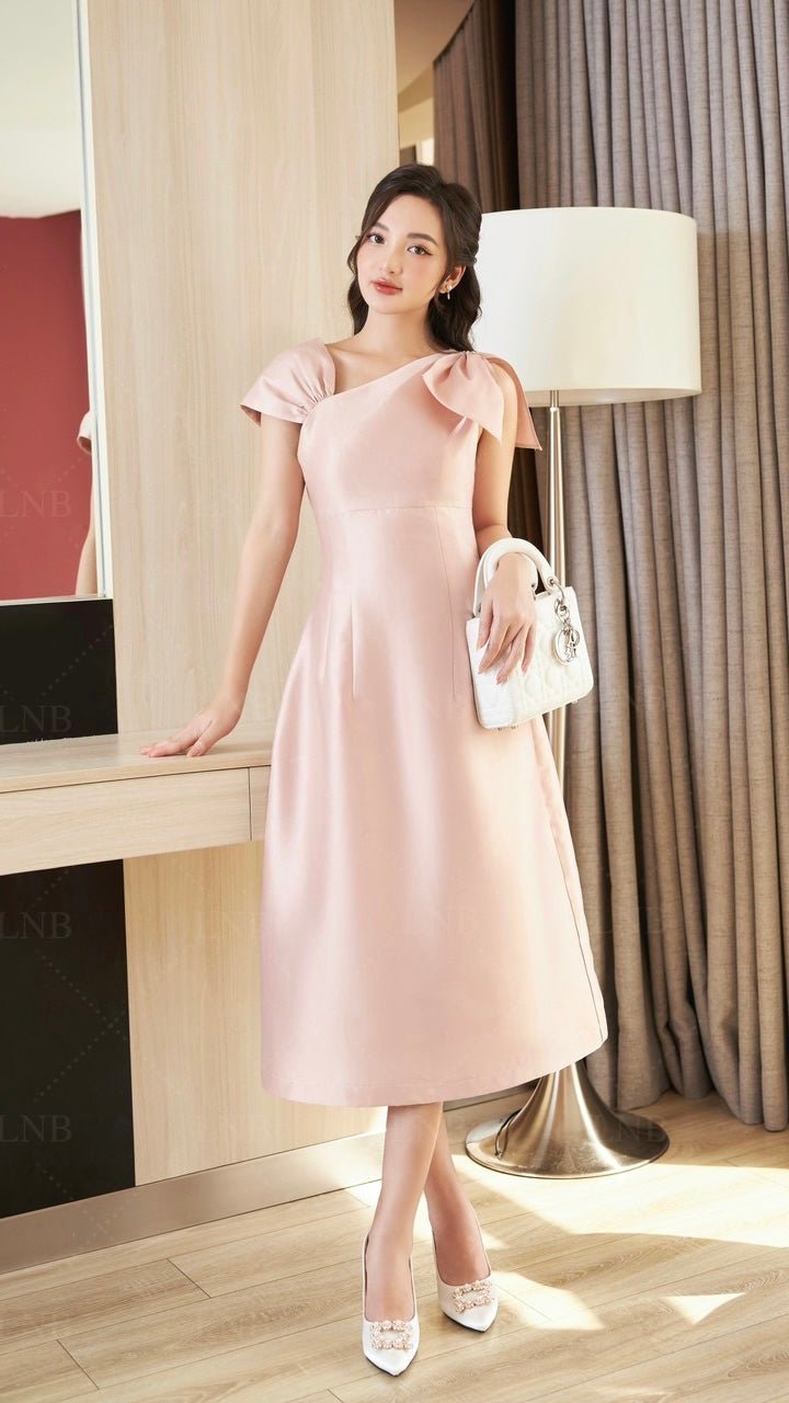 Bow Shoulder Asymmetric Tafetta Dress - Mia & Jon