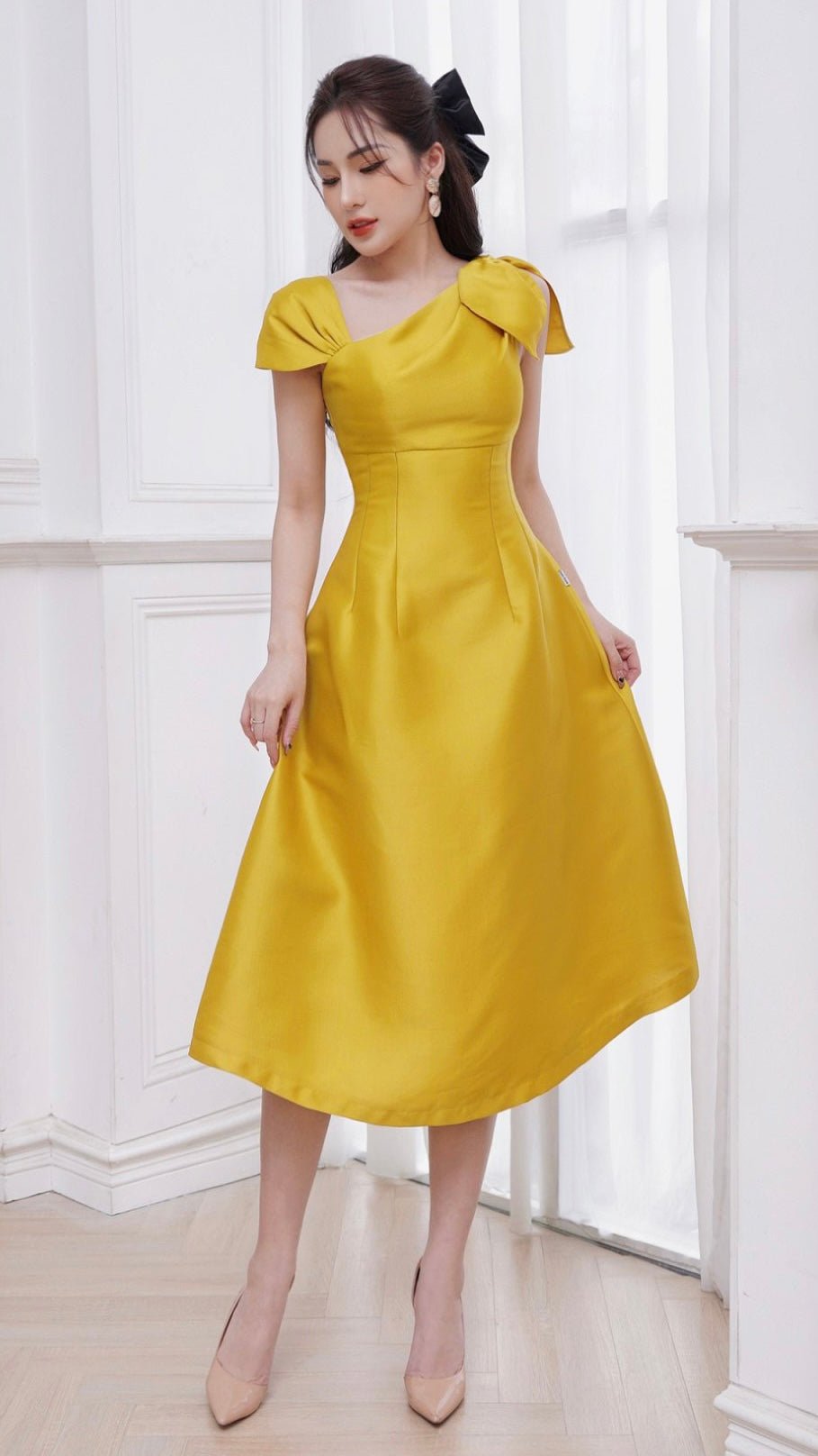 Bow Shoulder Asymmetric Tafetta Dress - Mia & Jon