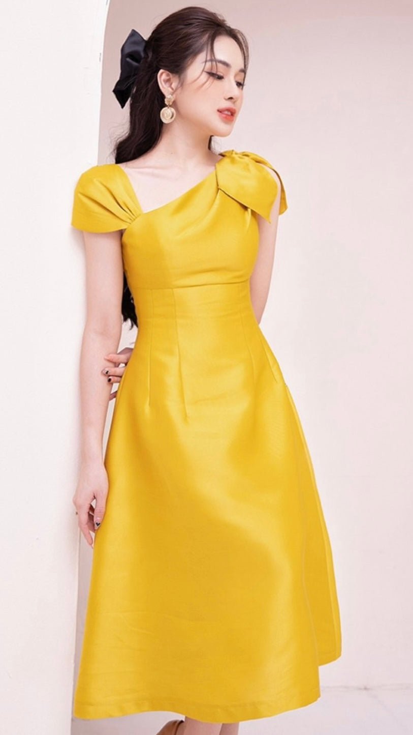 Bow Shoulder Asymmetric Tafetta Dress - Mia & Jon