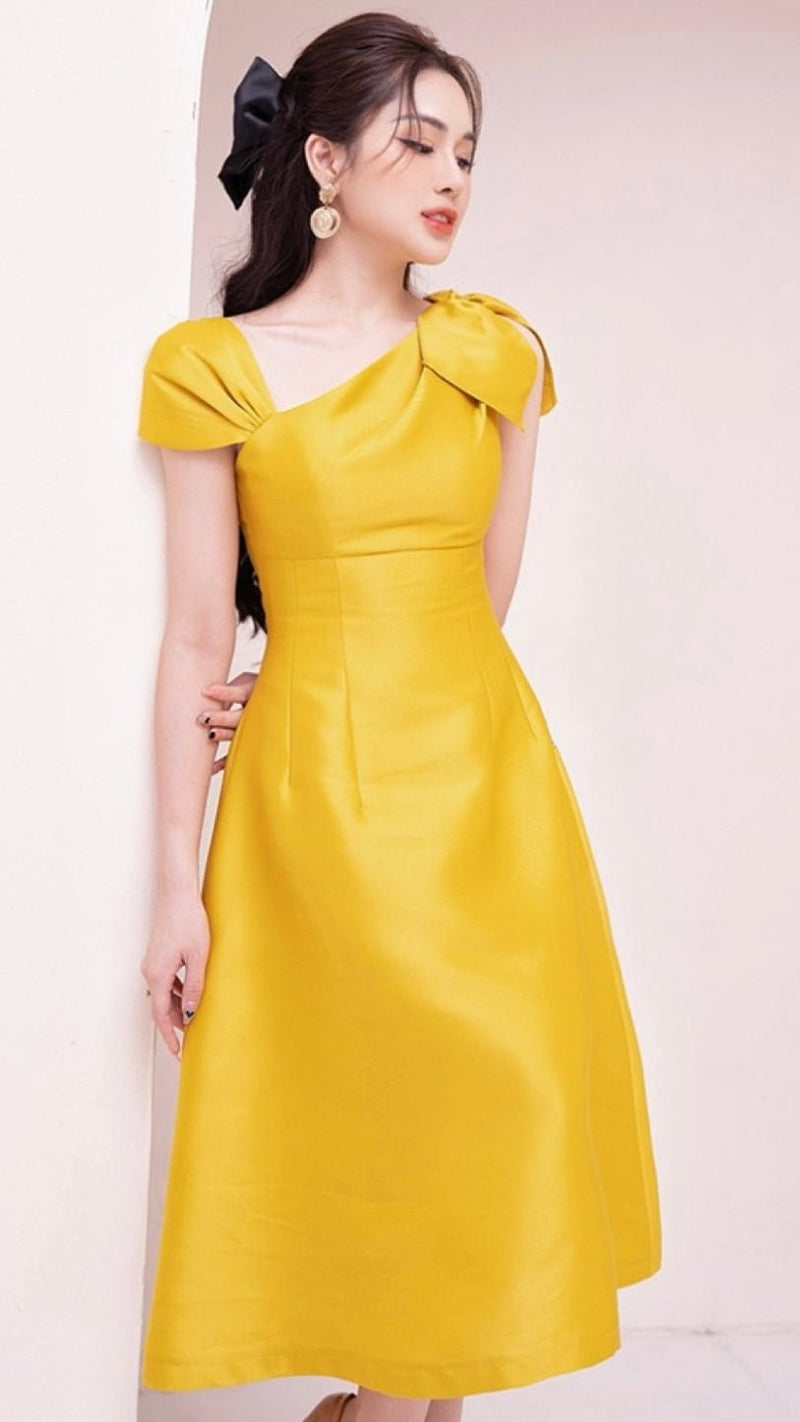 Bow Shoulder Asymmetric Tafetta Dress - Mia & Jon