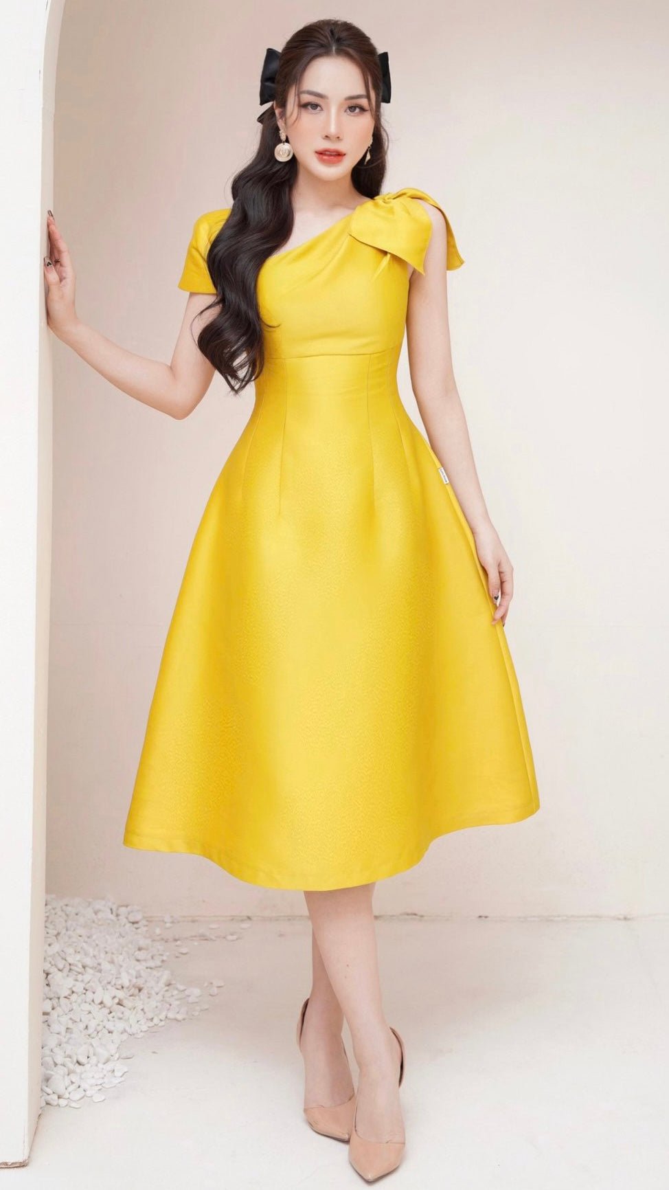 Bow Shoulder Asymmetric Tafetta Dress - Mia & Jon