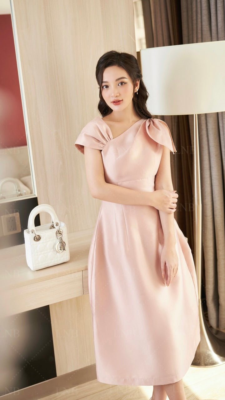 Bow Shoulder Asymmetric Tafetta Dress - Mia & Jon