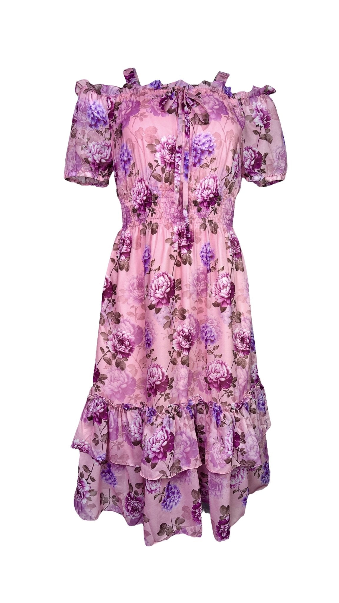 Floral Cold Shoulder Puff Sleeve Dress MJD033 - Mia & Jon