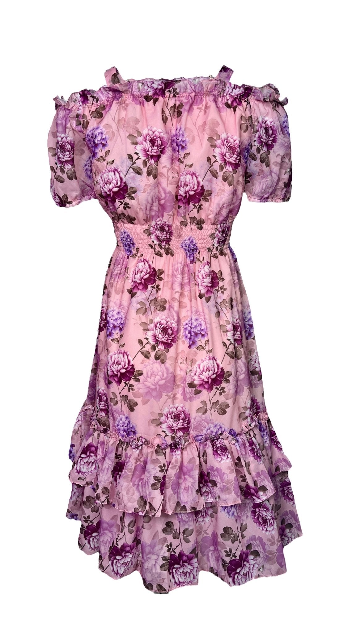 Floral Cold Shoulder Puff Sleeve Dress MJD033 - Mia & Jon