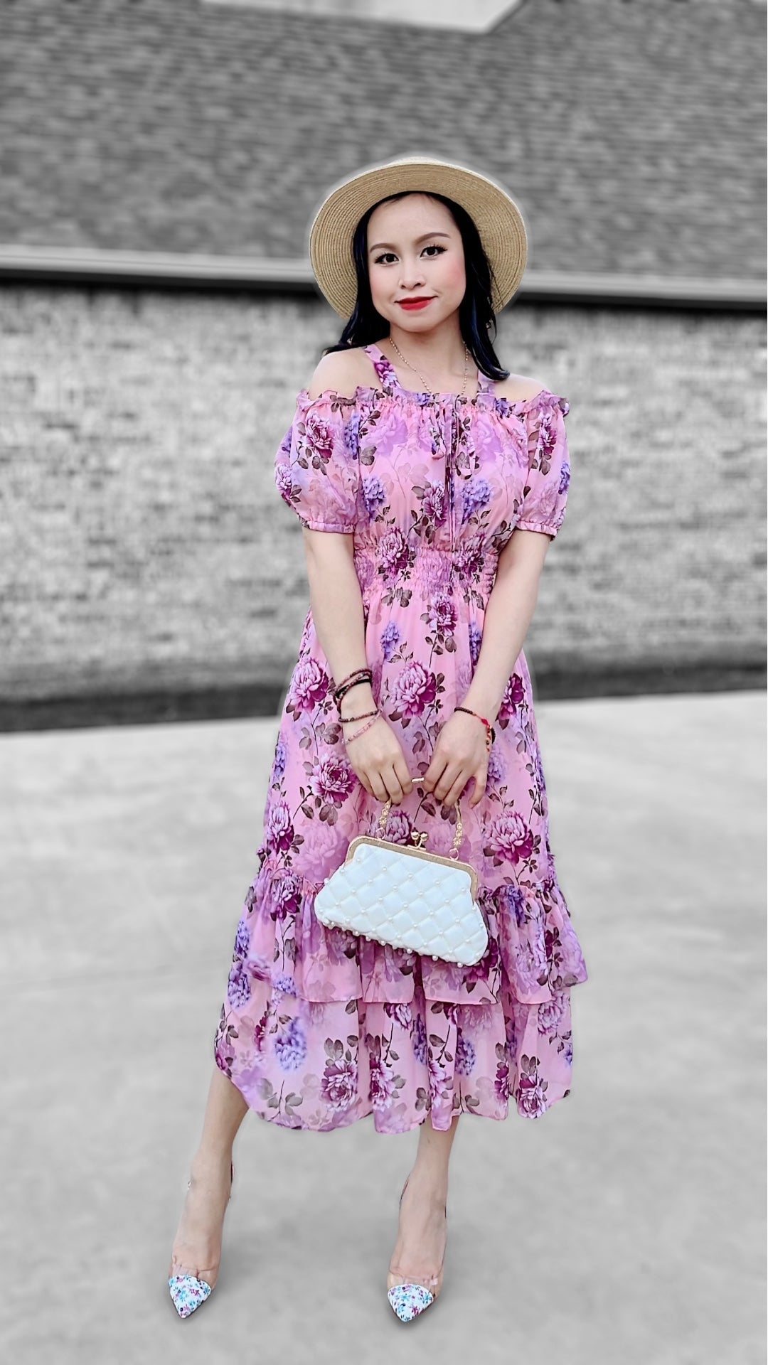 Floral Cold Shoulder Puff Sleeve Dress MJD033 - Mia & Jon