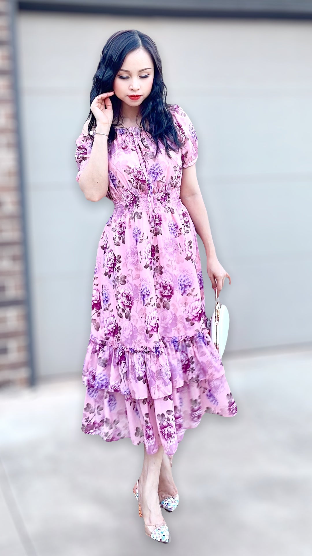 Floral Cold Shoulder Puff Sleeve Dress MJD033 - Mia & Jon
