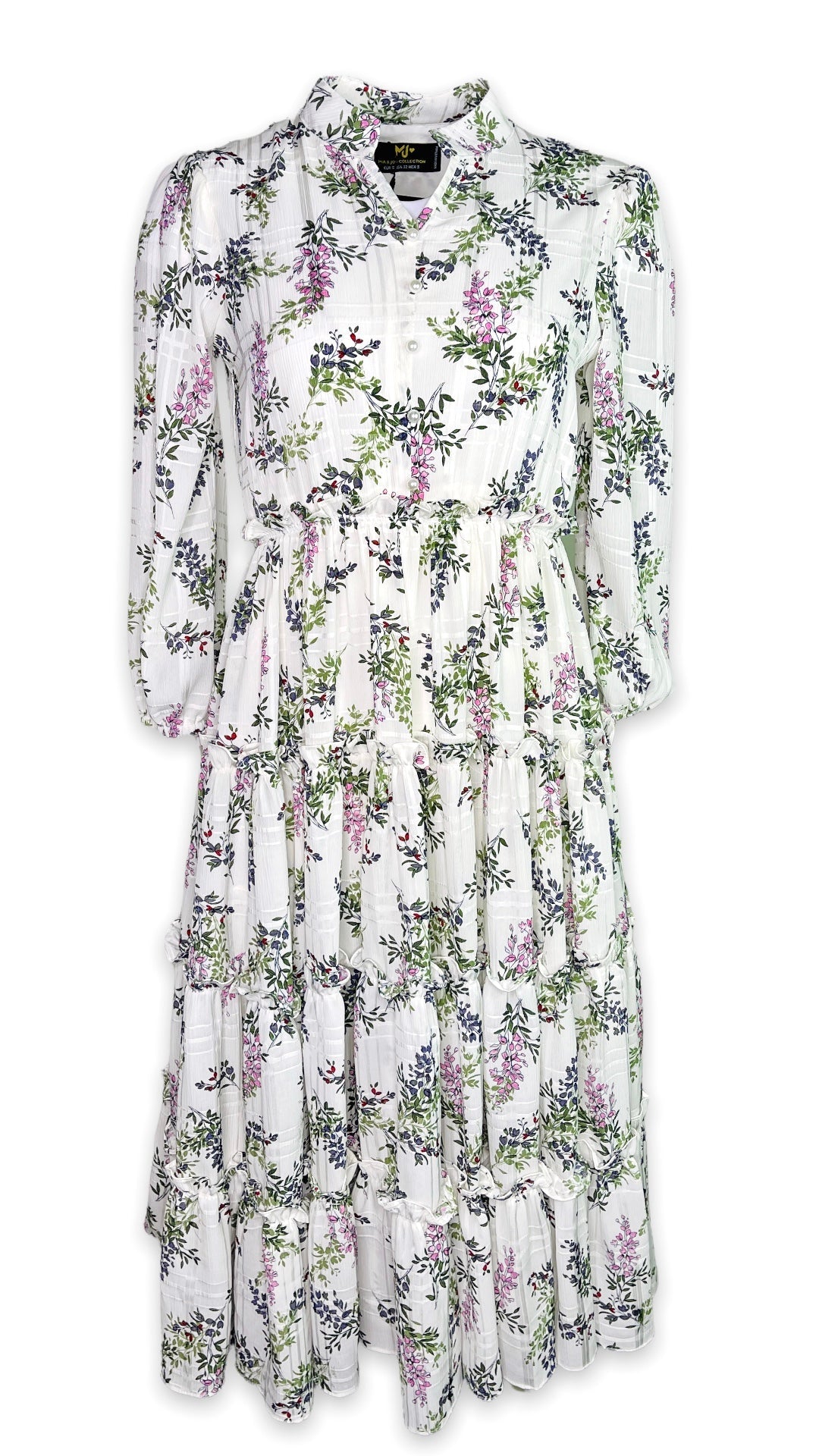 Floral Long Sleeve Split V-Neck Ruffle Chiffon Dress - Mia & Jon
