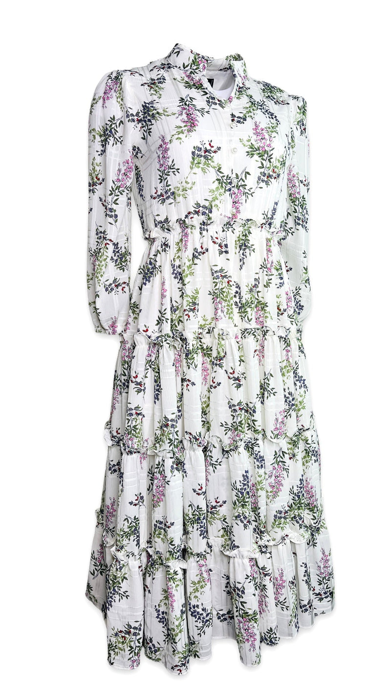 Floral Long Sleeve Split V-Neck Ruffle Chiffon Dress - Mia & Jon
