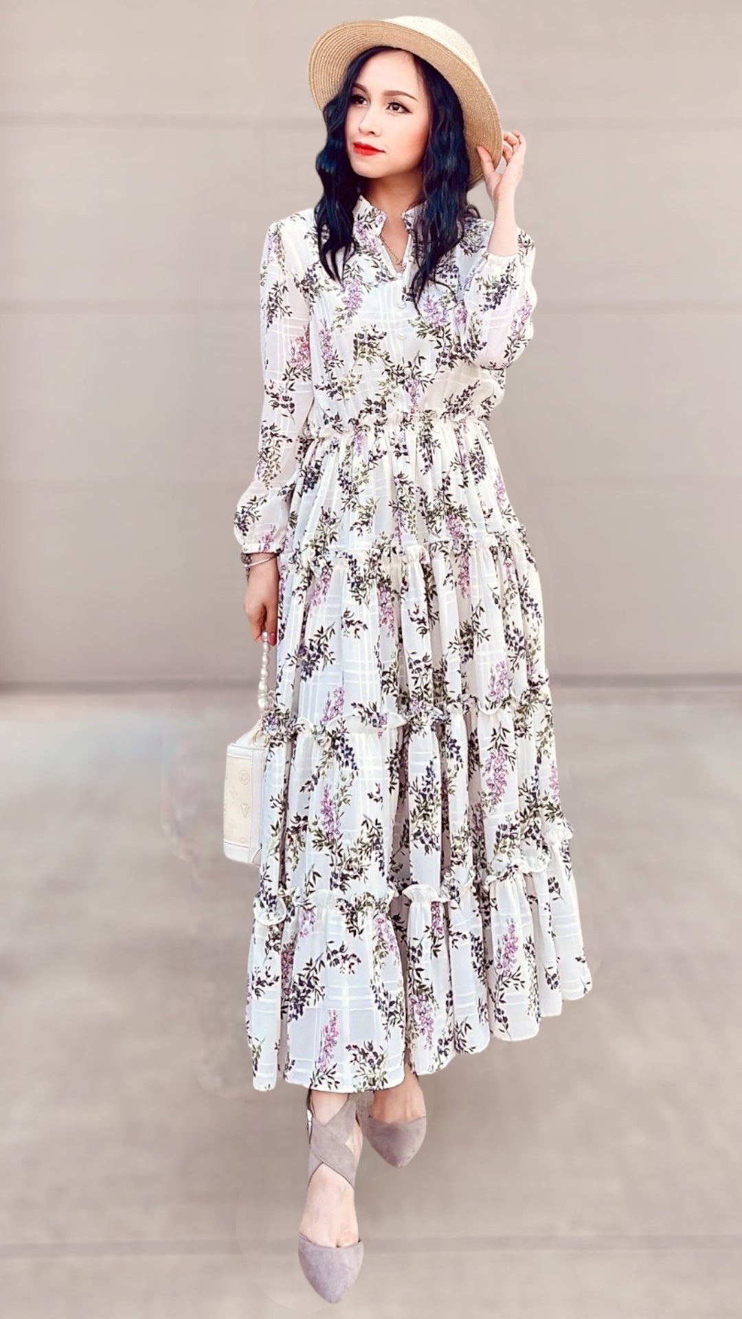 Floral Long Sleeve Split V-Neck Ruffle Chiffon Dress - Mia & Jon