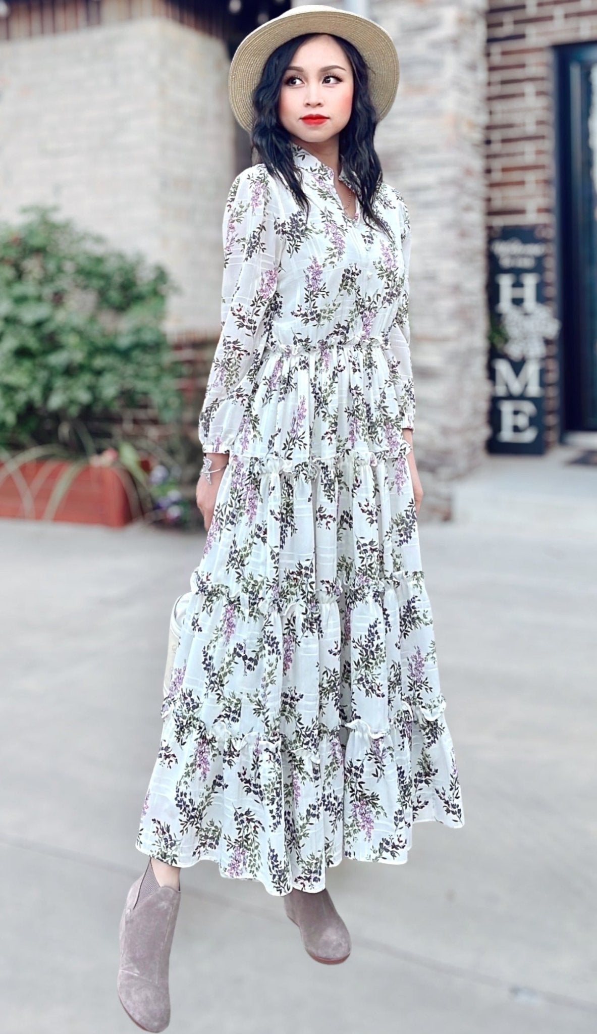 Floral Long Sleeve Split V-Neck Ruffle Chiffon Dress - Mia & Jon