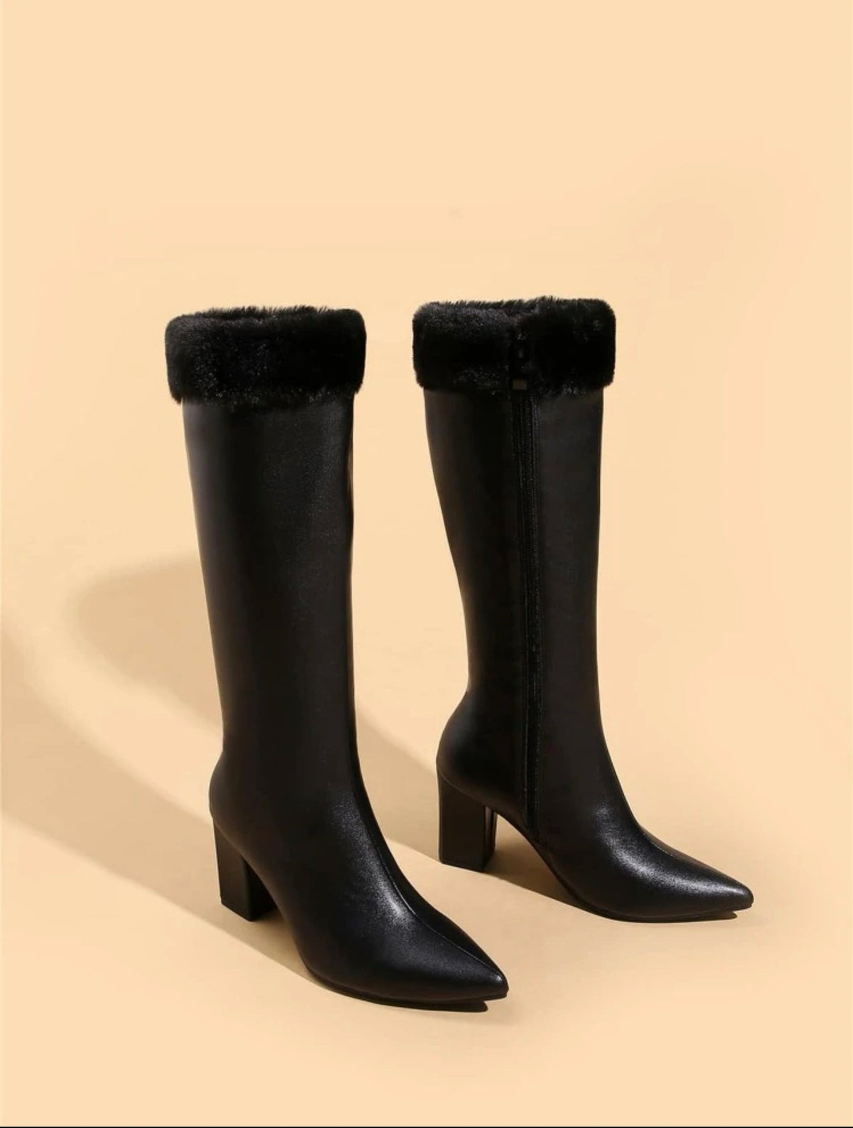 Fluffy Zip Side Chunky Heeled Boots - Mia & Jon