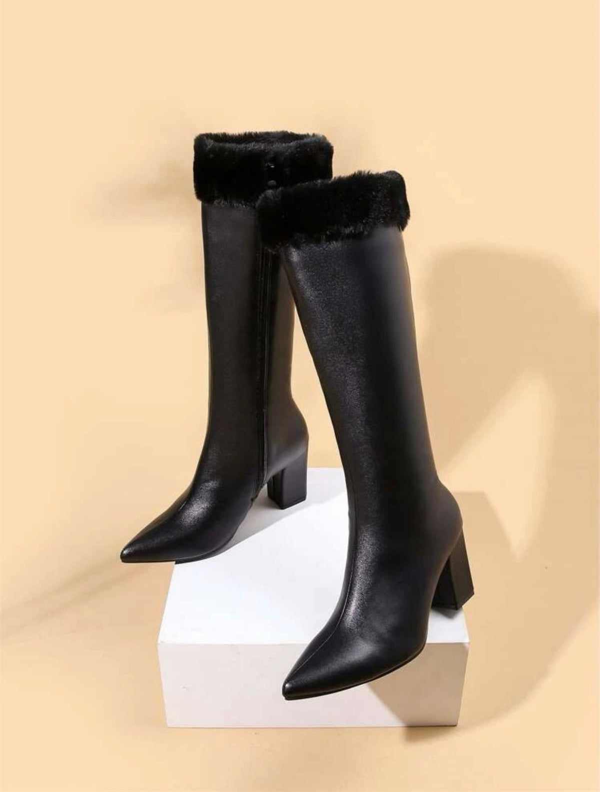 Fluffy Zip Side Chunky Heeled Boots - Mia & Jon