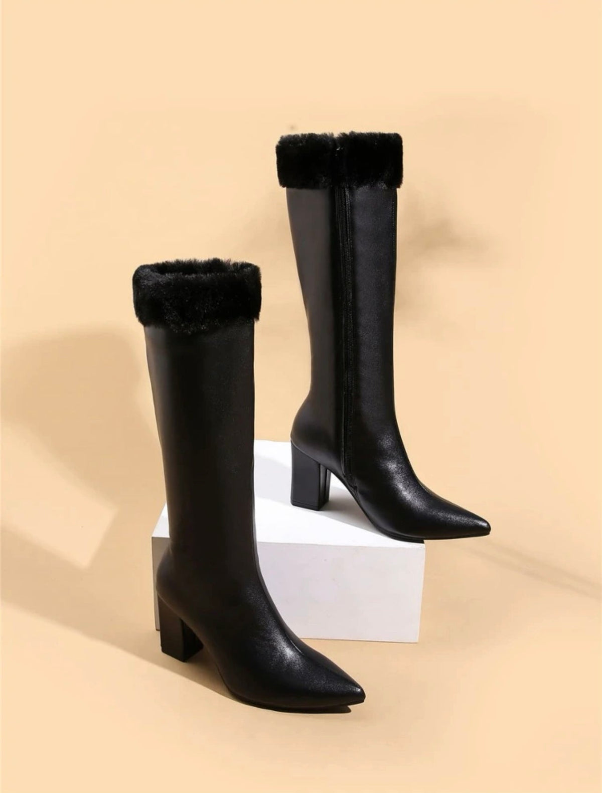 Fluffy Zip Side Chunky Heeled Boots - Mia & Jon