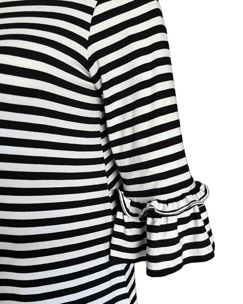 Gina Black & White Striped Ruffle Bell Sleeve Dress - Mia & Jon