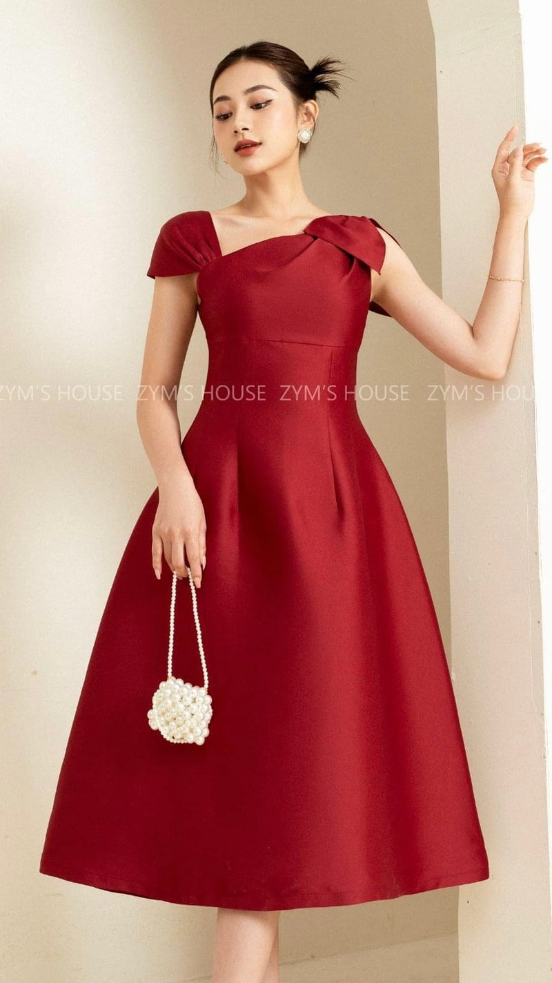 Bow Shoulder Asymmetric Tafetta Dress