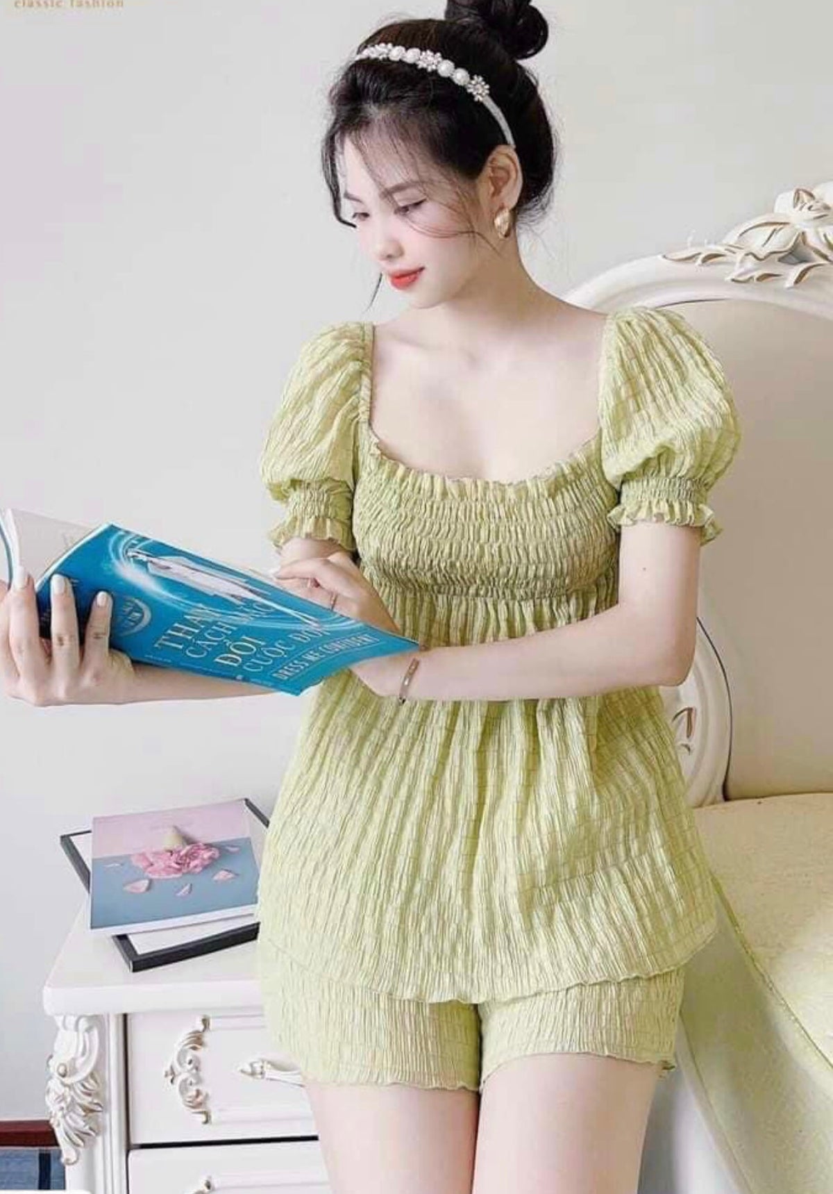 Light Green Puff Sleeve Smocked Top + Short Set - Mia & Jon