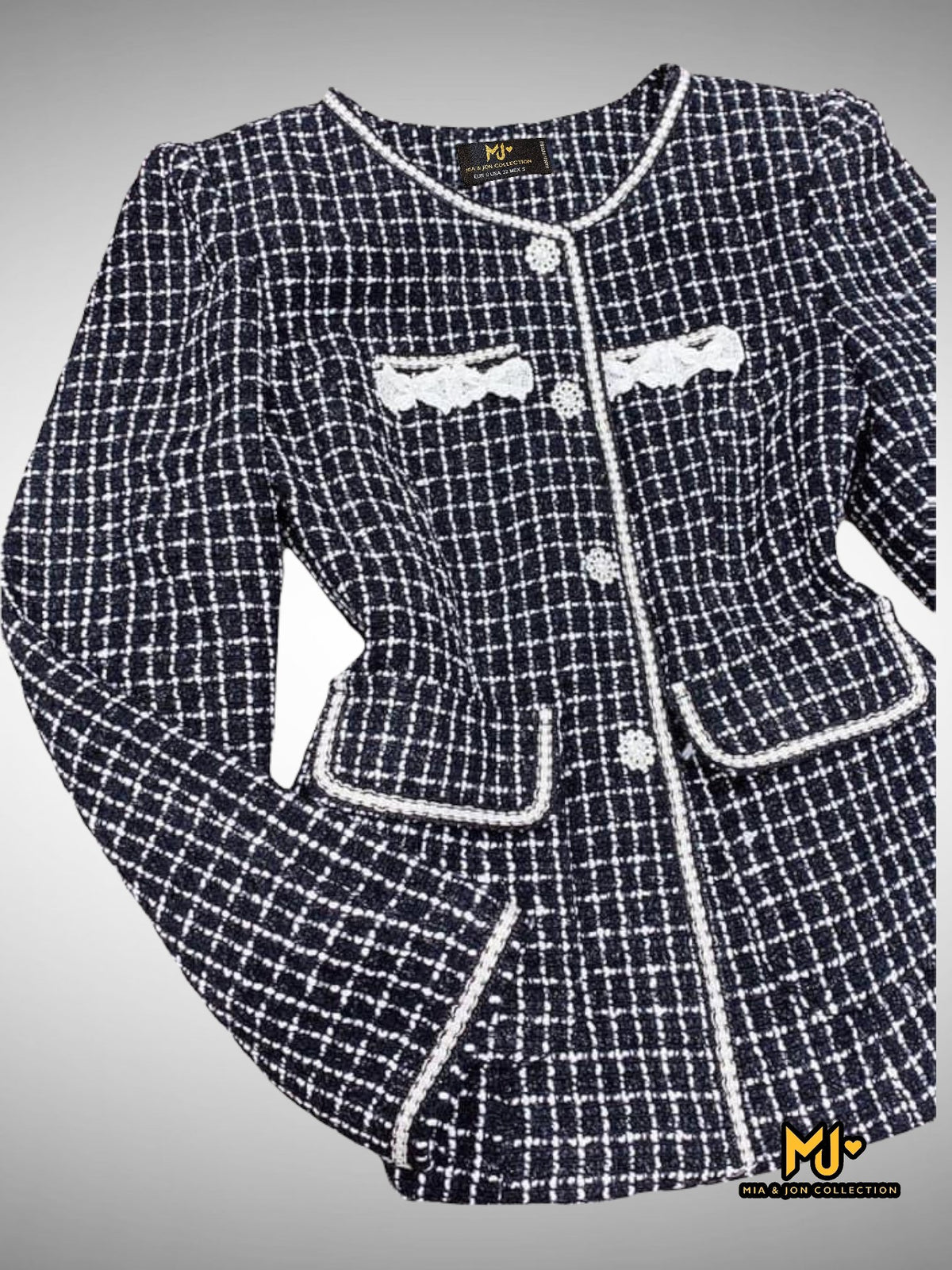 MJA1694 Black Crew Neck Tweed Coat - Mia & Jon