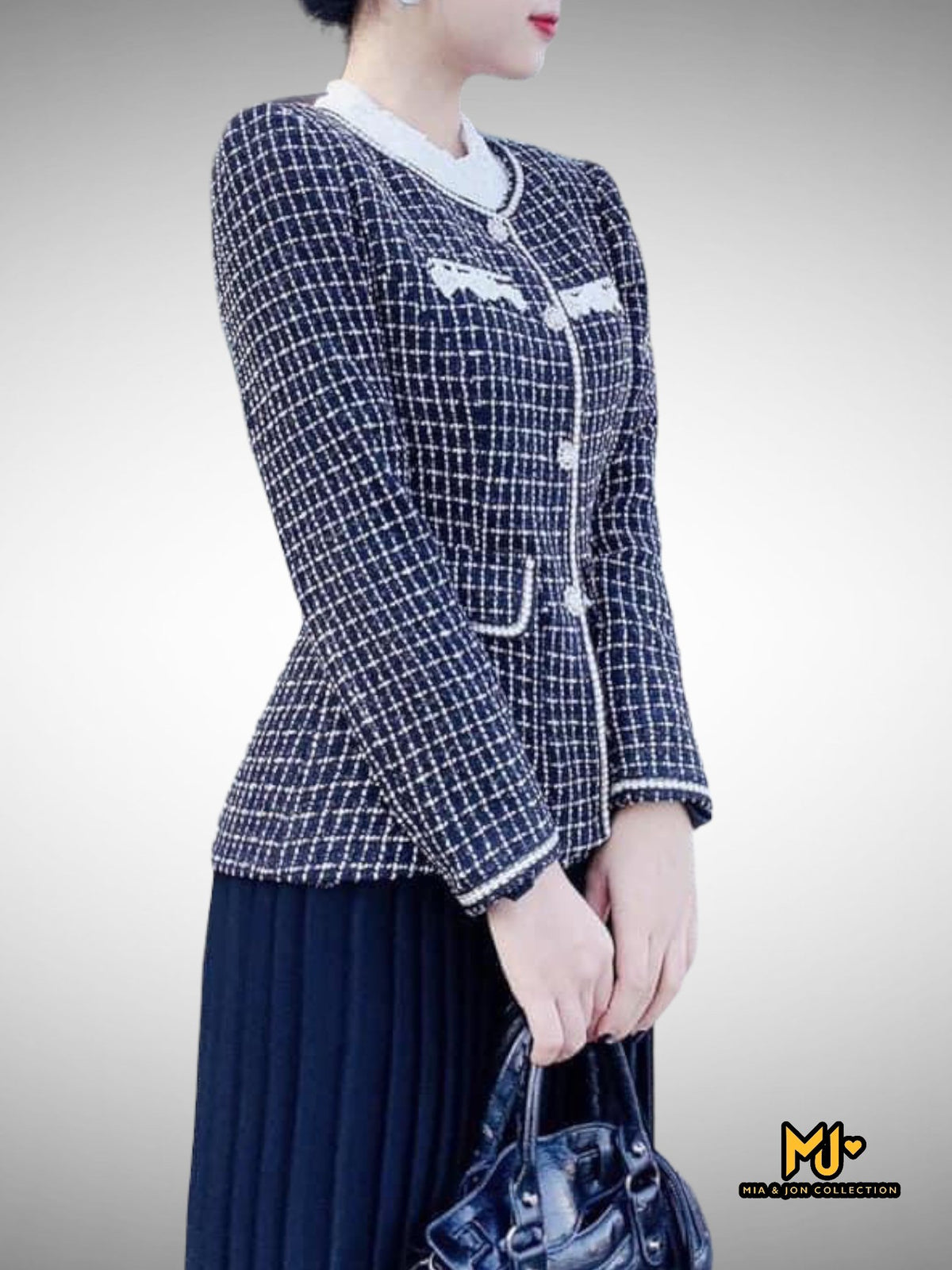 MJA1694 Black Crew Neck Tweed Coat - Mia & Jon