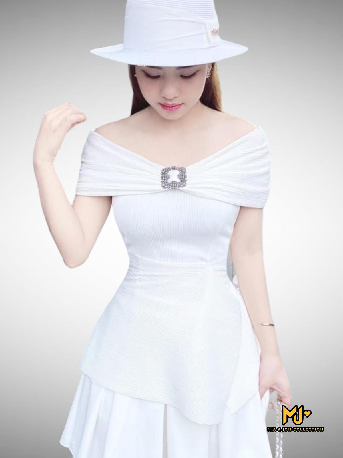 MJA1947 White Off Shoulder Peplum Top - Mia & Jon