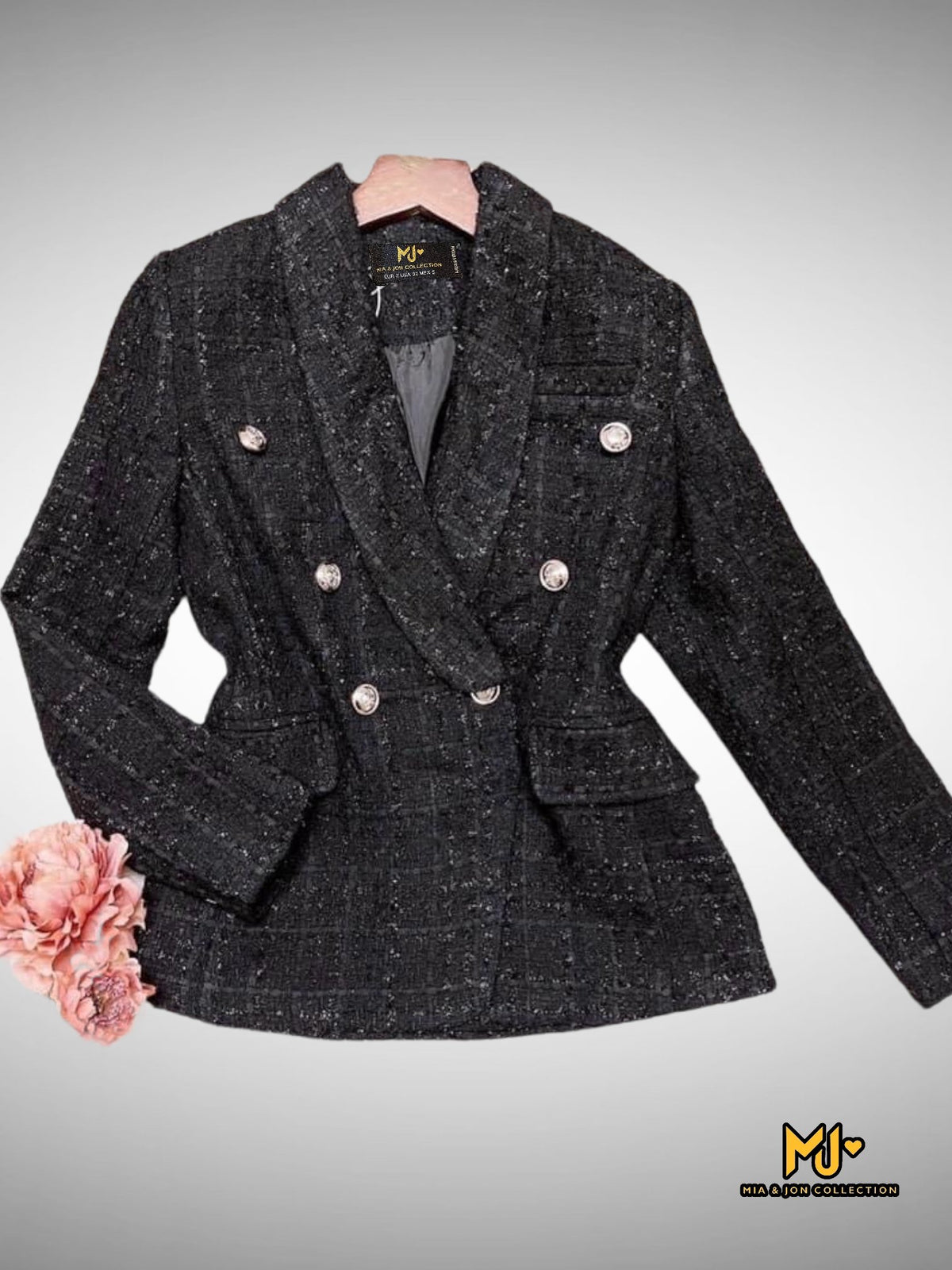 MJA2223 Black Tweed Double Breasted Blazer - Mia & Jon