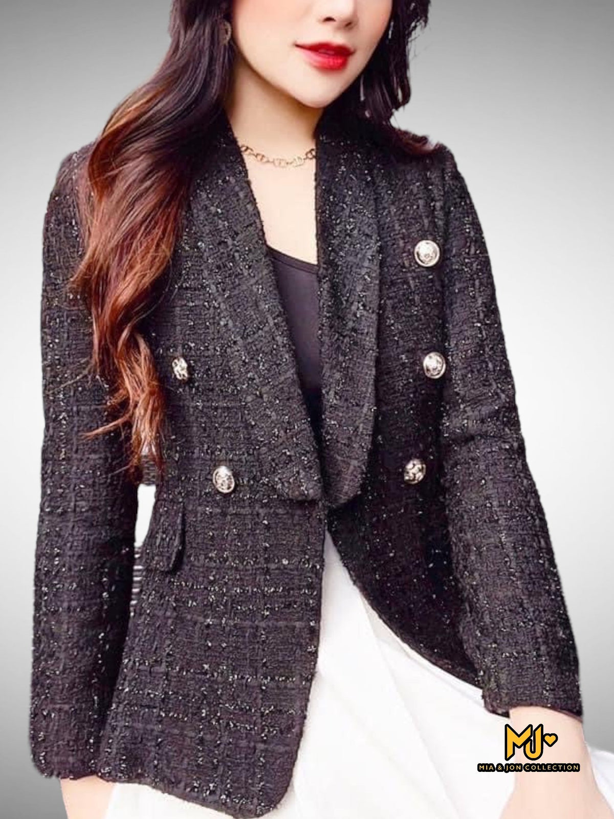 MJA2223 Black Tweed Double Breasted Blazer - Mia & Jon