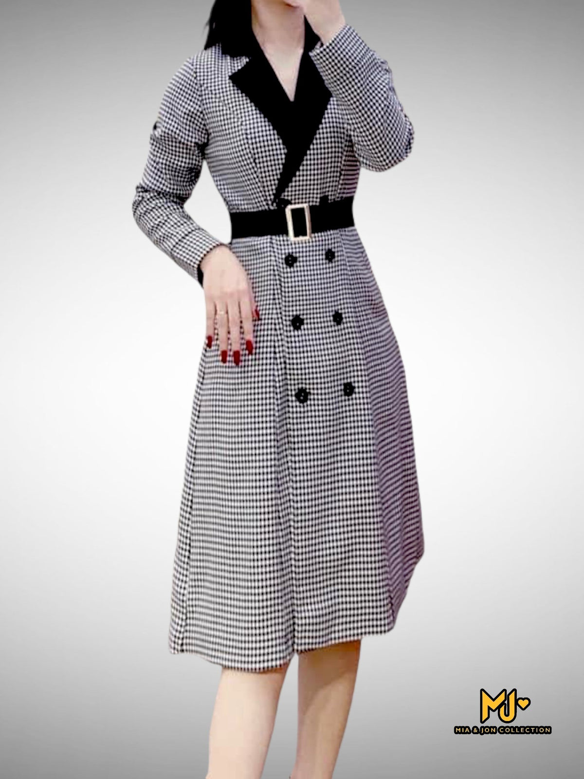 MJA2250 Houndstooth Lapel Collar Double Breasted Coat - Mia & Jon