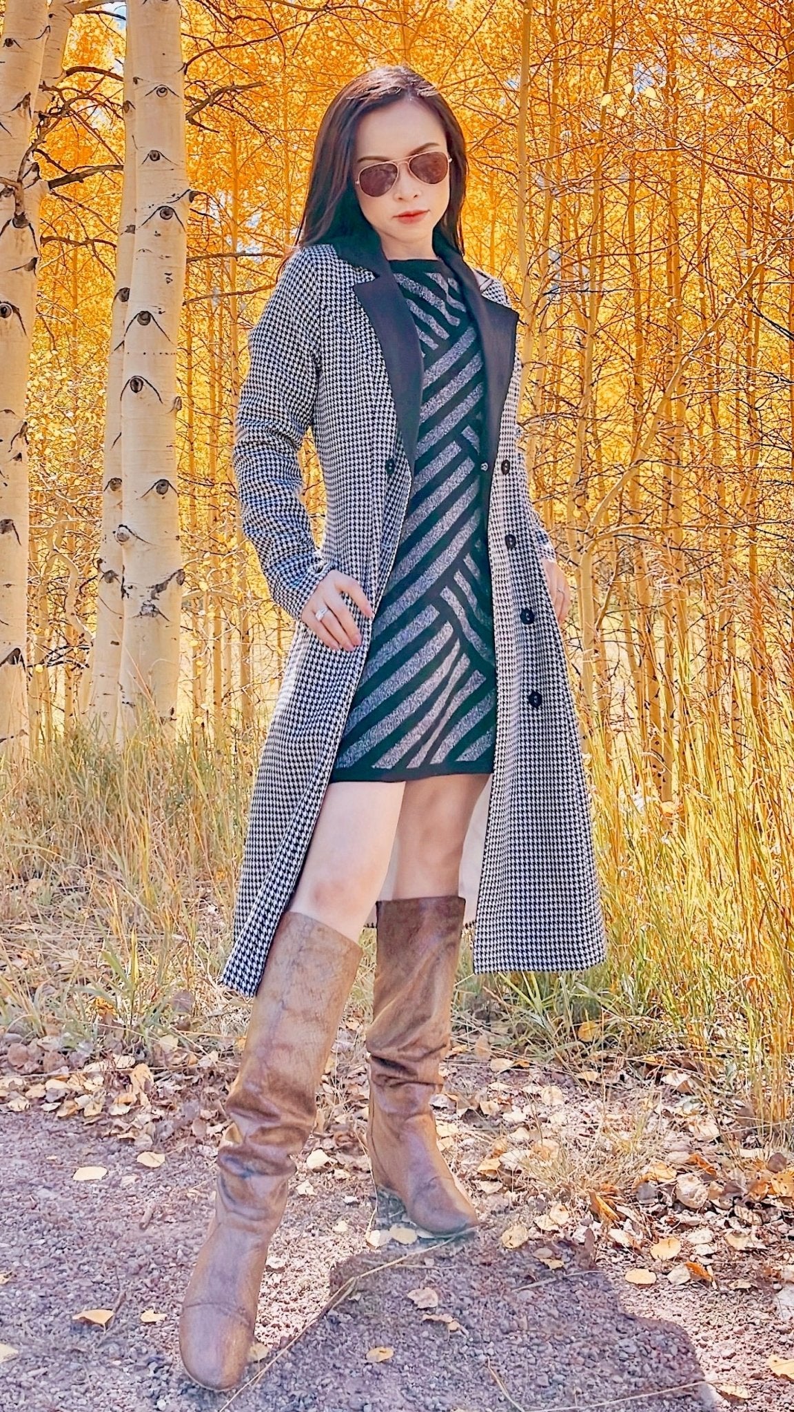 MJA2250 Houndstooth Lapel Collar Double Breasted Coat - Mia & Jon