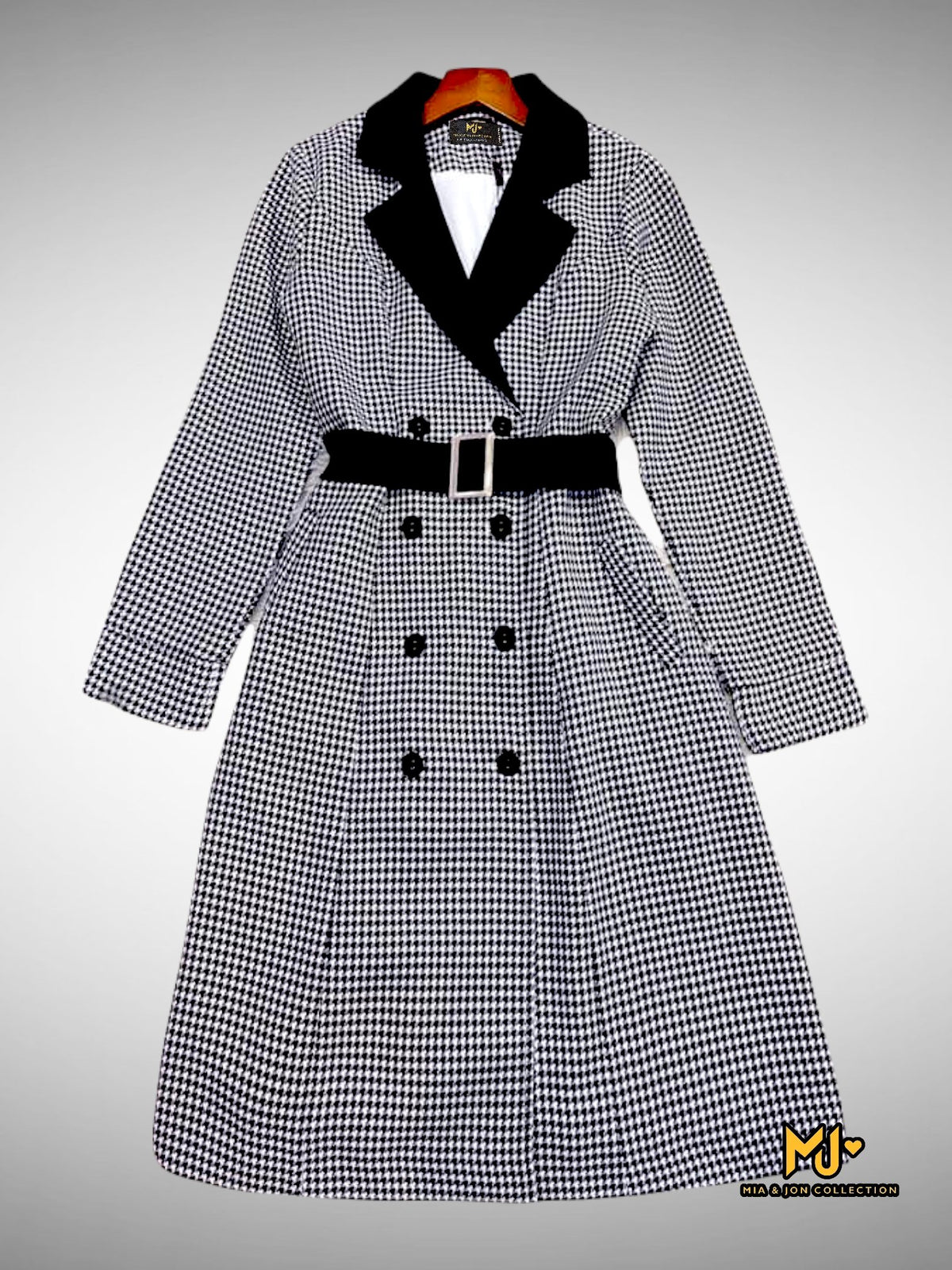 MJA2250 Houndstooth Lapel Collar Double Breasted Coat - Mia & Jon