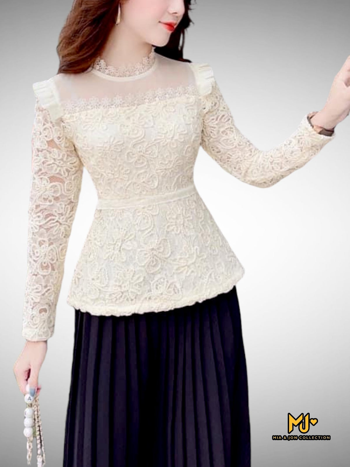 MJA2268 Long-Sleeve Lace Peplum Blouse - Mia & Jon