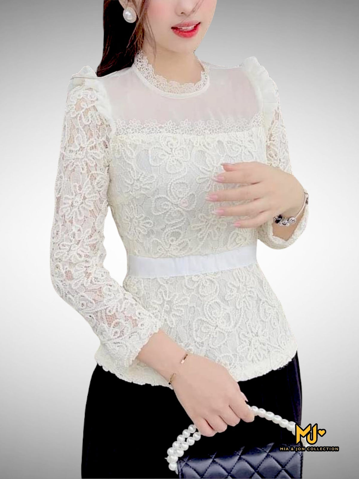 MJA2268 Long-Sleeve Lace Peplum Blouse - Mia & Jon