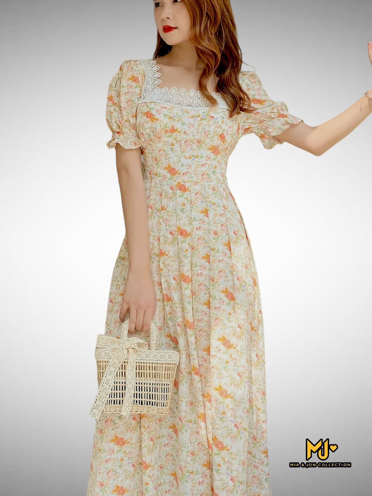 MJD019 Floral Print Square Neck Maxi Dress - Mia & Jon