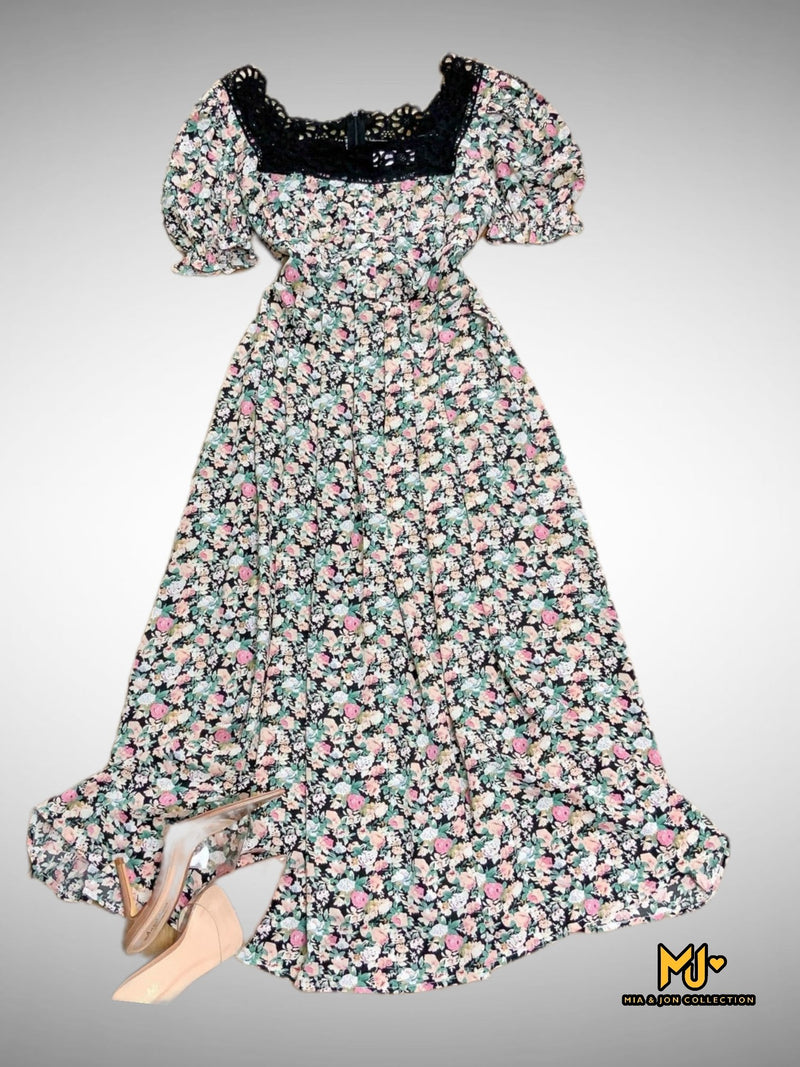 MJD019 Floral Print Square Neck Maxi Dress - Mia & Jon