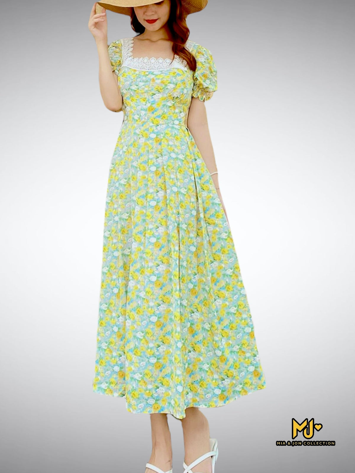MJD019 Floral Print Square Neck Maxi Dress - Mia & Jon