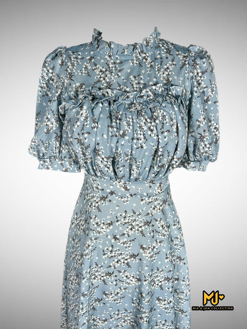 MJD09 Ruffled Floral Print Silk Midi Dress - Final Sale / NO Return or Exchange - Mia & Jon