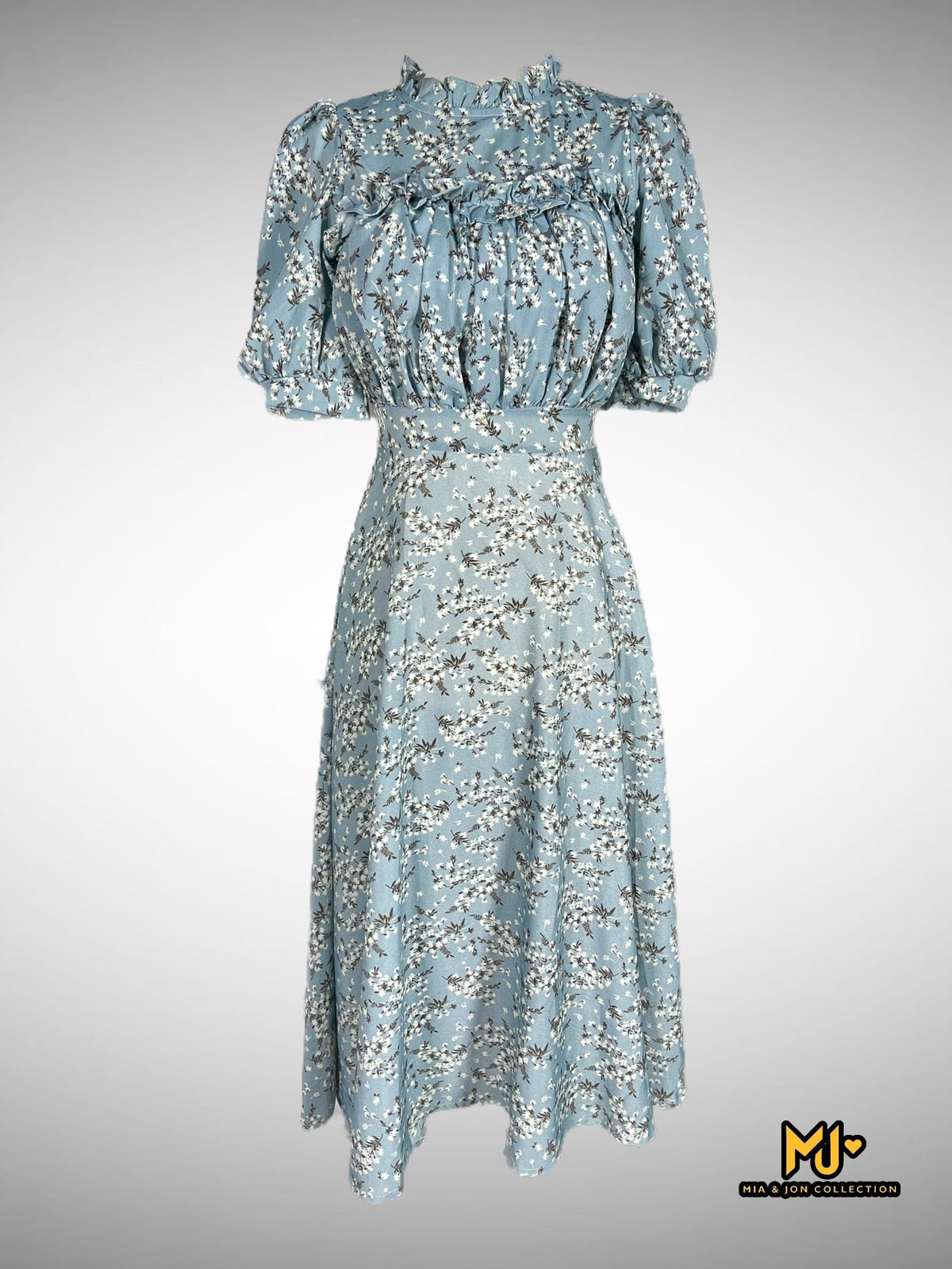 MJD09 Ruffled Floral Print Silk Midi Dress - Final Sale / NO Return or Exchange - Mia & Jon