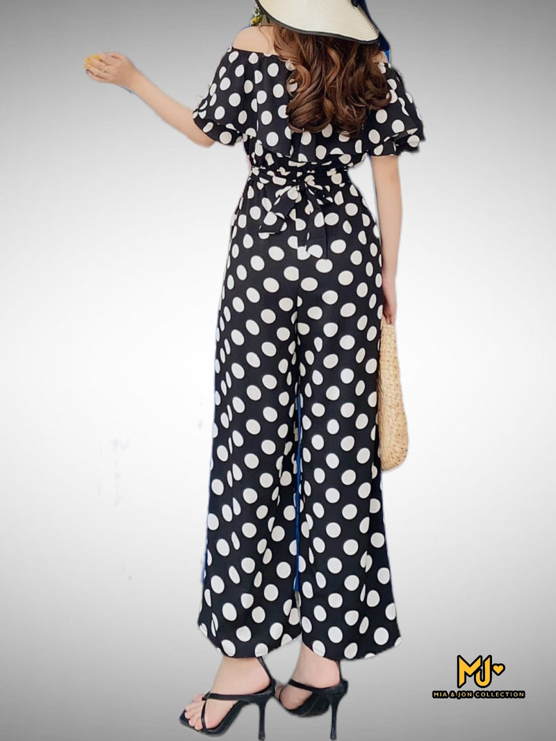 MJJ017 Off Shoulder Flutter Sleeve Polka Dot Jumpsuit - Mia & Jon
