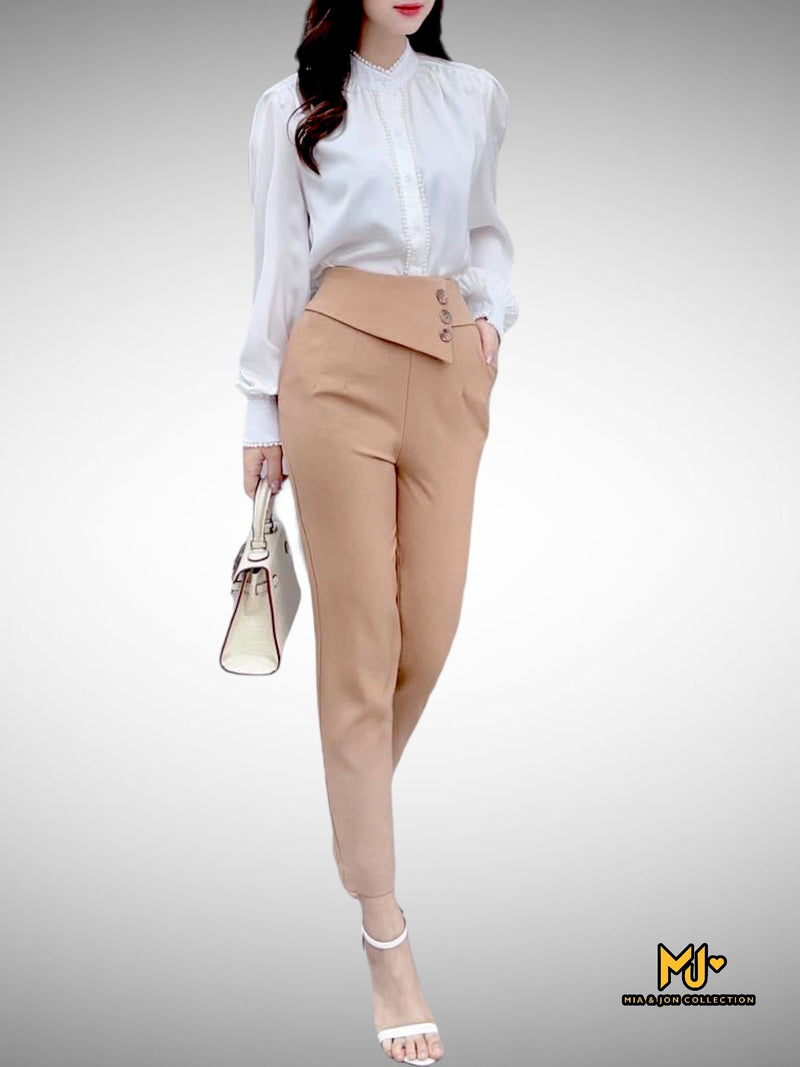 MJQ2201 The High Waist Ankle Pant in Beige - Mia & Jon