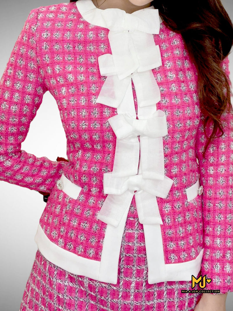 MJS014 Hot Pink Tweed Mini Skirt Set - Mia & Jon
