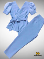 MJS1440 Blue Puff Sleeve V-Neck Waist Tie Top & Ankle Pants Set - Mia & Jon
