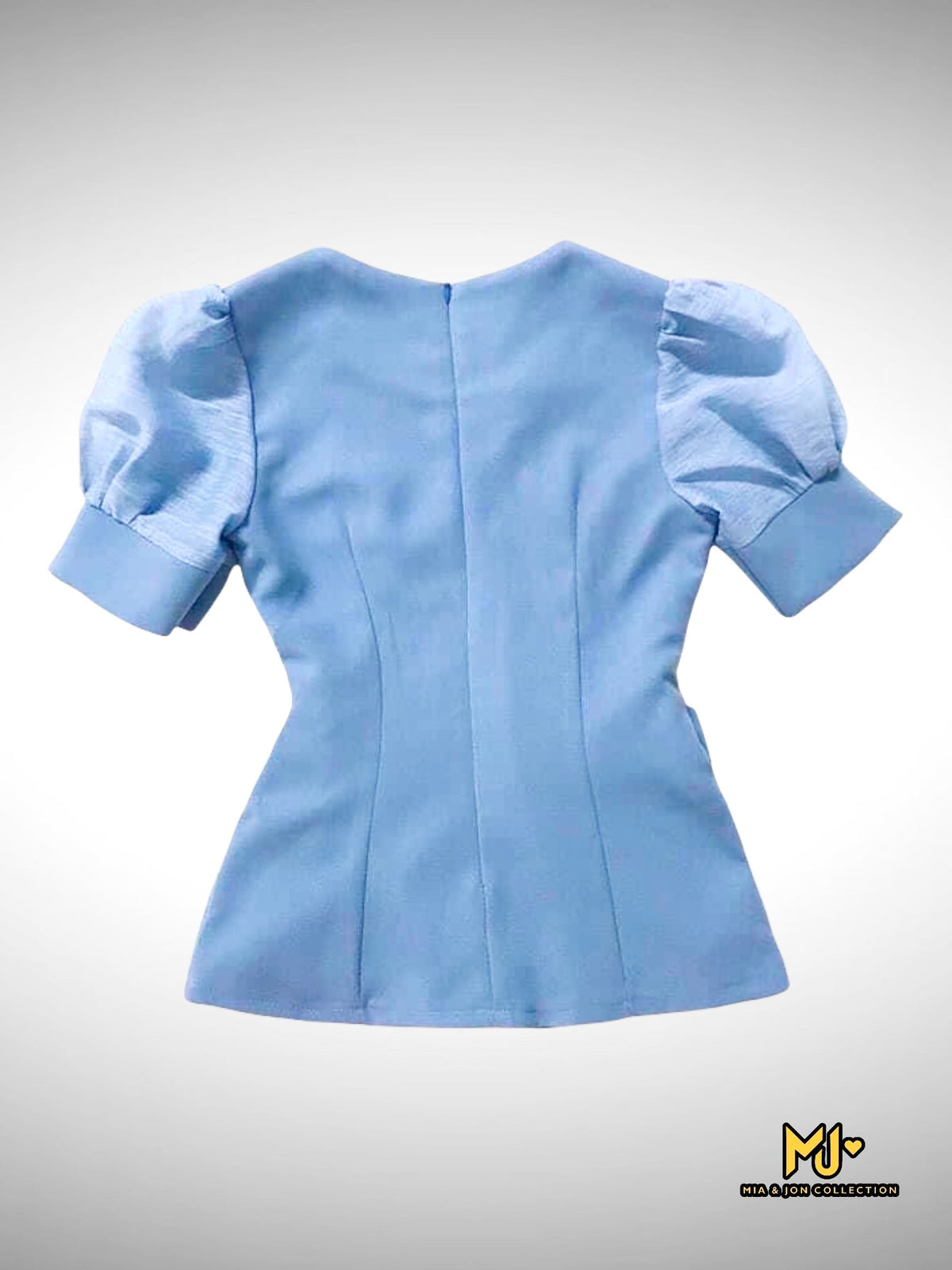 MJS1440 Blue Puff Sleeve V-Neck Waist Tie Top & Ankle Pants Set - Mia & Jon