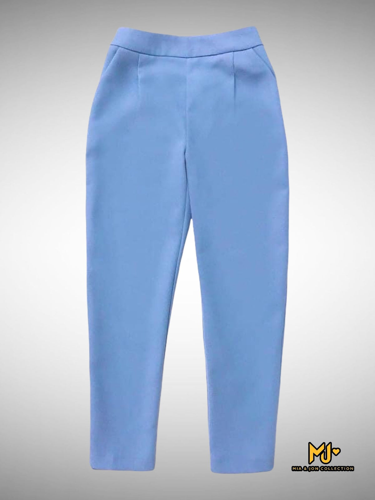MJS1440 Blue Puff Sleeve V-Neck Waist Tie Top & Ankle Pants Set - Mia & Jon