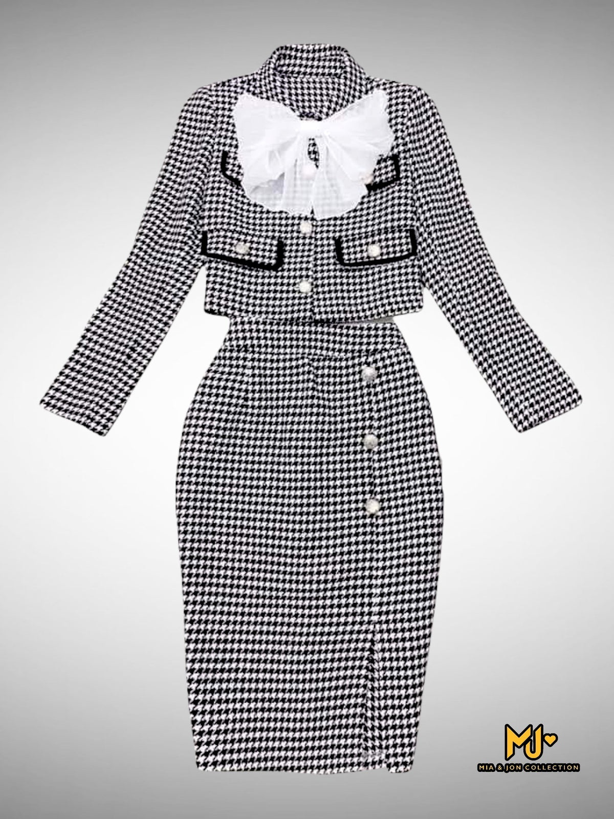 MJS1716 Houndstooth Button Up Jacket & Skirt Set - Mia & Jon