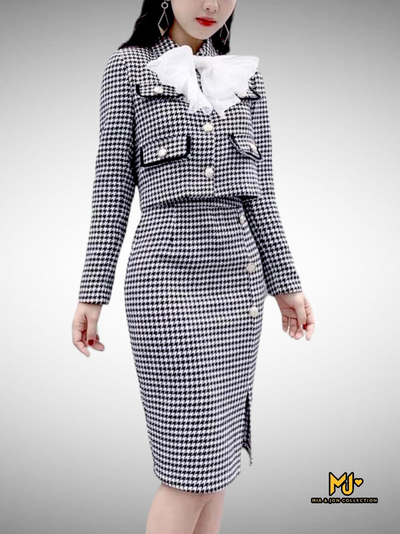 MJS1716 Houndstooth Button Up Jacket & Skirt Set - Mia & Jon