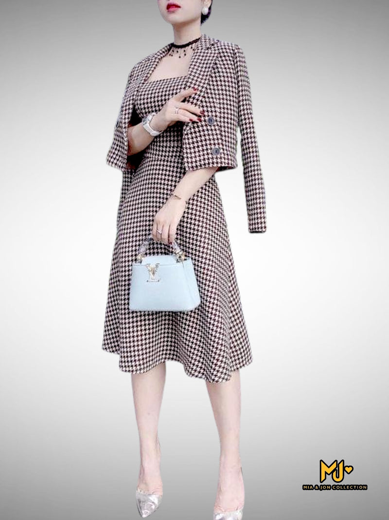 MJS1739 Houndstooth Double Breast Jacket + Strap Dress - Mia & Jon