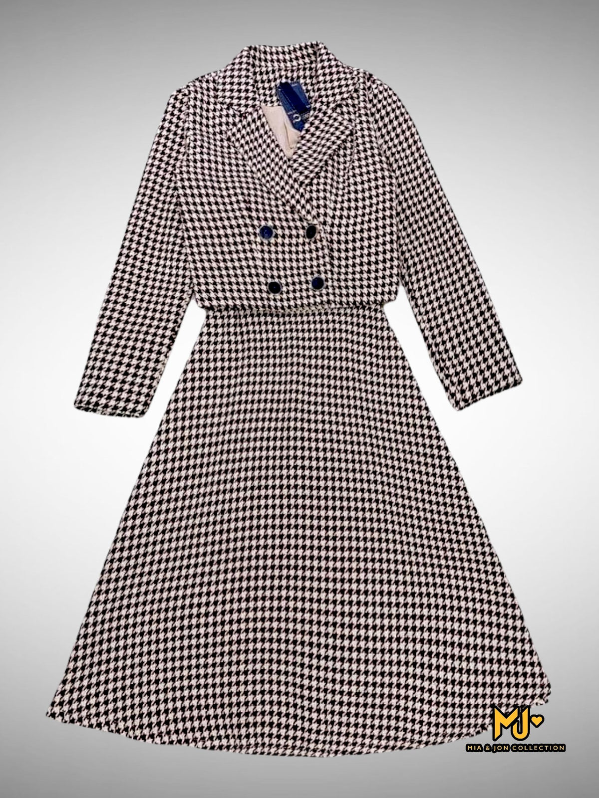MJS1739 Houndstooth Double Breast Jacket + Strap Dress - Mia & Jon