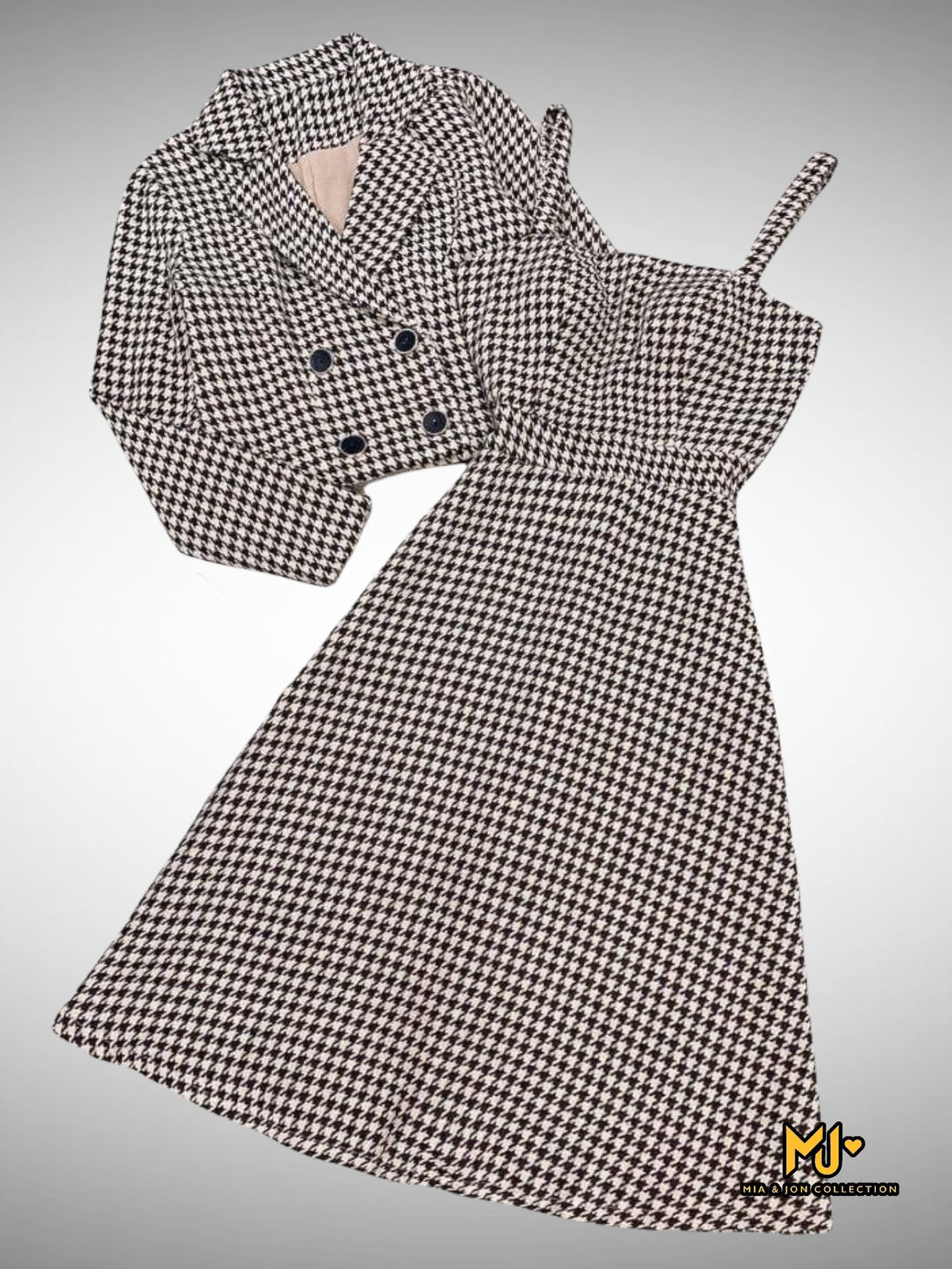 MJS1739 Houndstooth Double Breast Jacket + Strap Dress - Mia & Jon