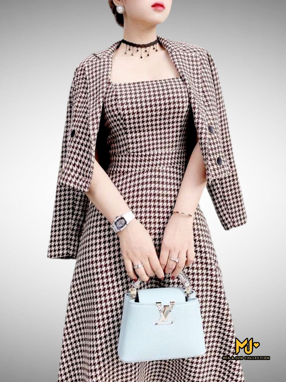 MJS1739 Houndstooth Double Breast Jacket + Strap Dress - Mia & Jon