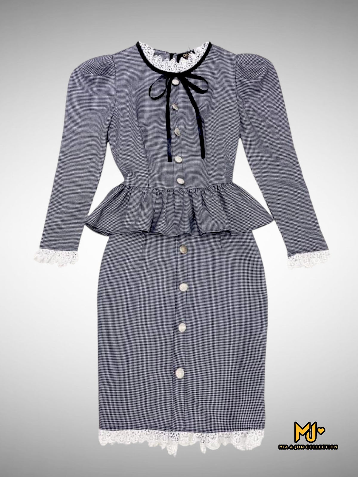 MJS1781 Neck Tie Houndstooth Print Jacket & Pencil Skirt Set - Mia & Jon