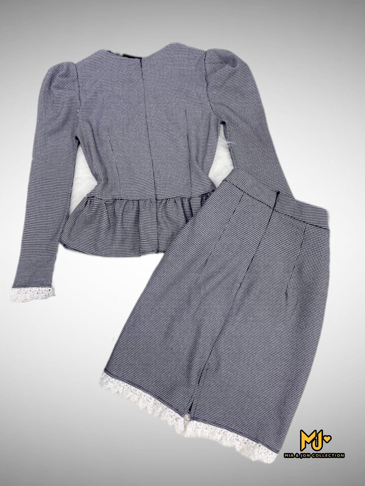 MJS1781 Neck Tie Houndstooth Print Jacket & Pencil Skirt Set - Mia & Jon