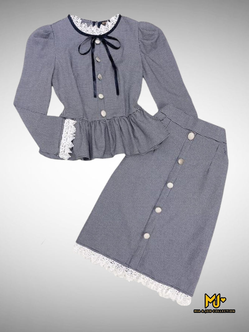 MJS1781 Neck Tie Houndstooth Print Jacket & Pencil Skirt Set - Mia & Jon